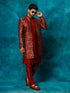 Vastramay Men's Red Jacquard Indo Western With Maroon Viscose Kurta Pant Set